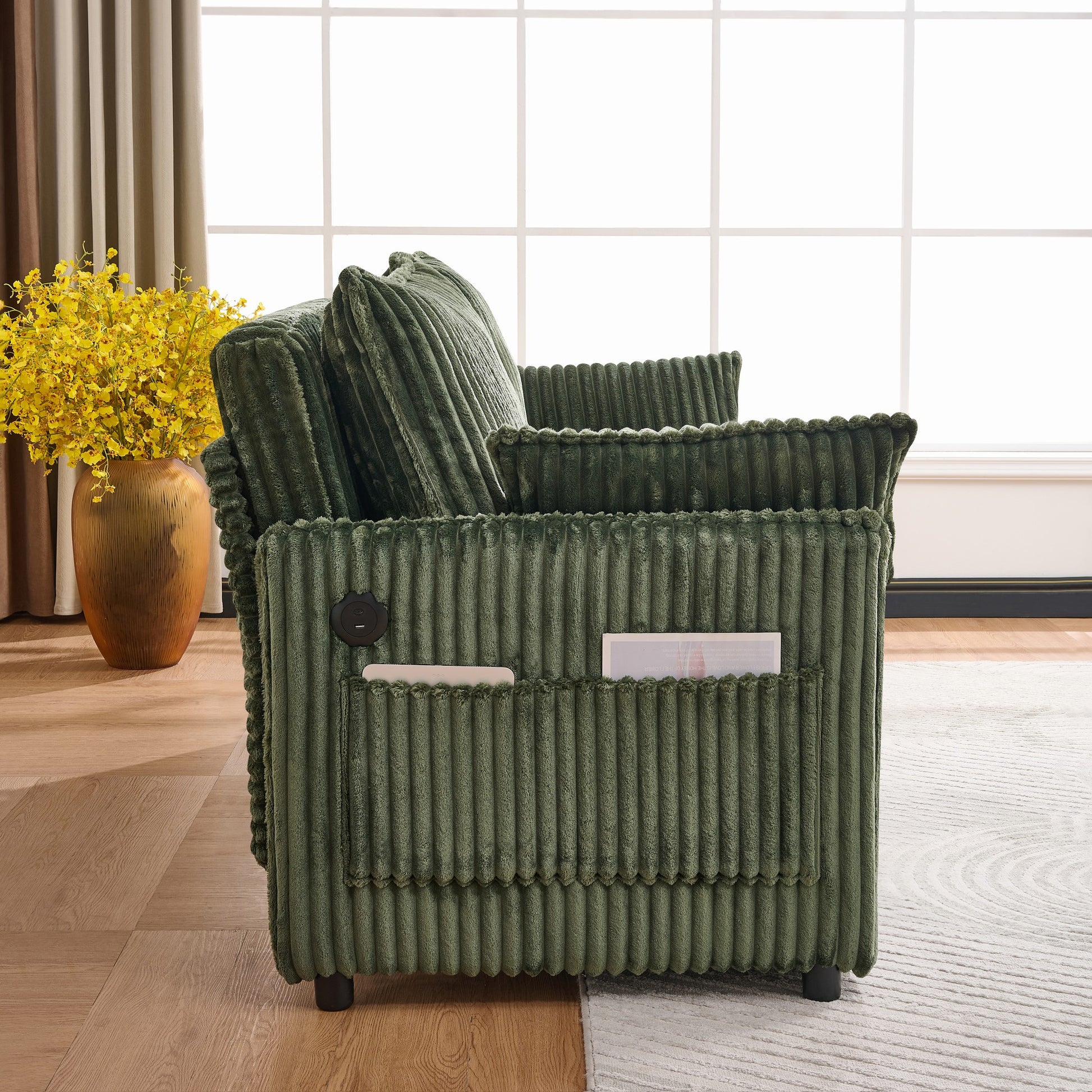 Modern Green Corduroy Sofa Bed with Storage and USB Charging for Living Room