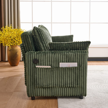 Modern Green Corduroy Sofa Bed with Storage and USB Charging for Living Room