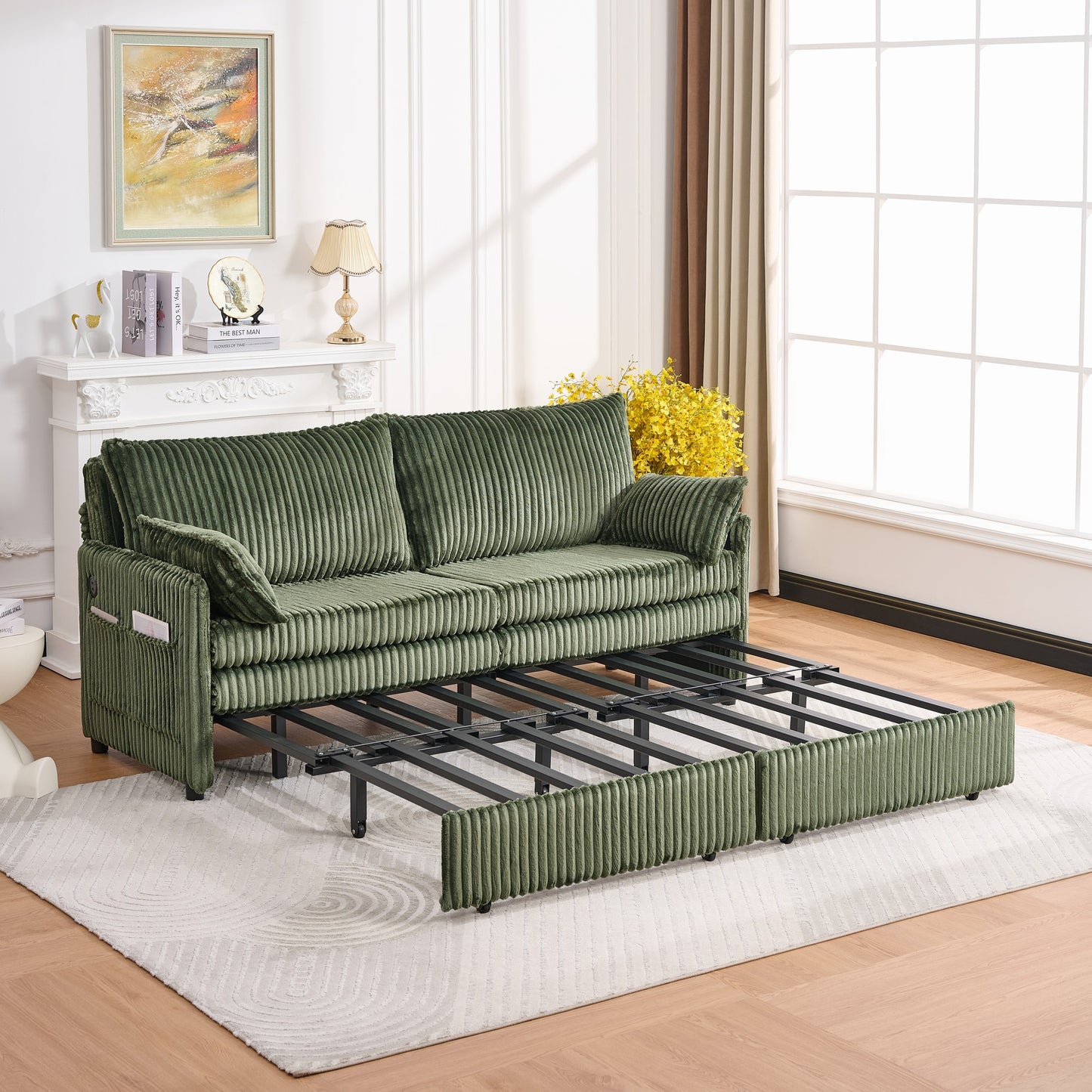 Modern Green Corduroy Sofa Bed with Storage and USB Charging for Living Room