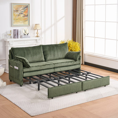 Modern Green Corduroy Sofa Bed with Storage and USB Charging for Living Room