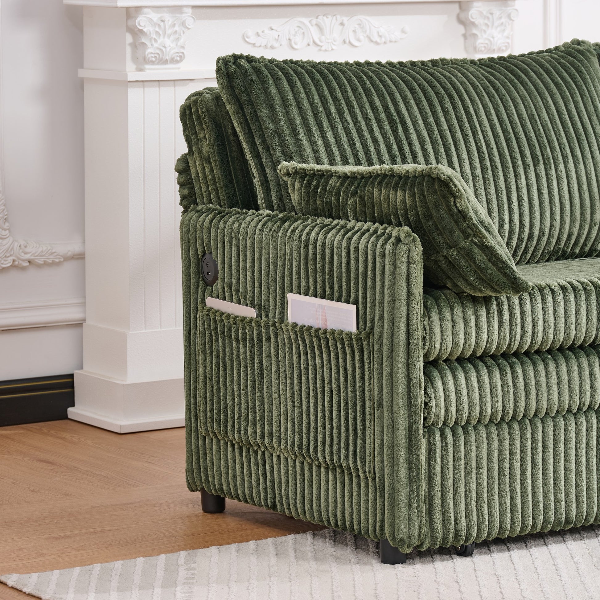 Modern Green Corduroy Sofa Bed with Storage and USB Charging for Living Room