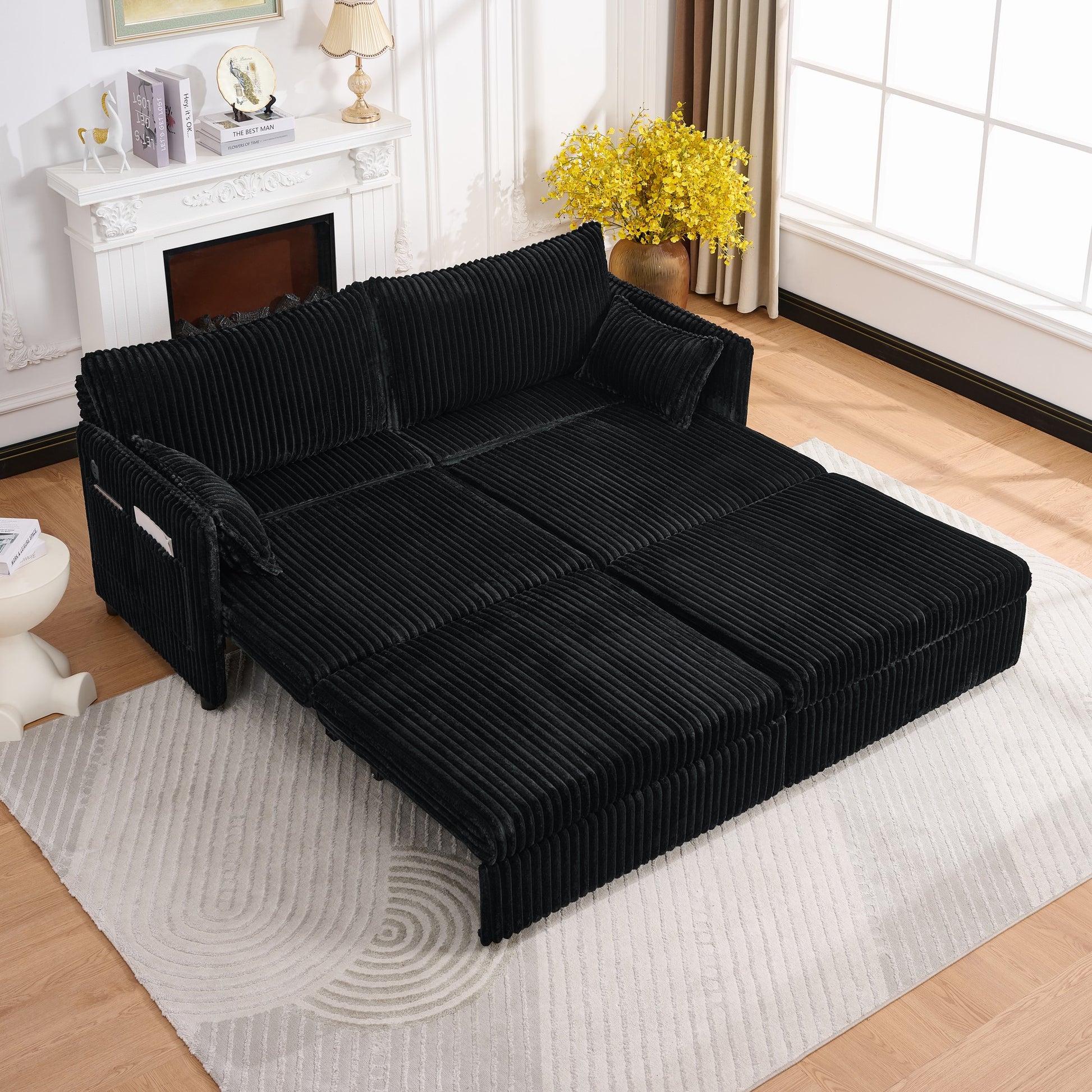 Full Size Black Sofa Bed with Storage & USB for Living Room