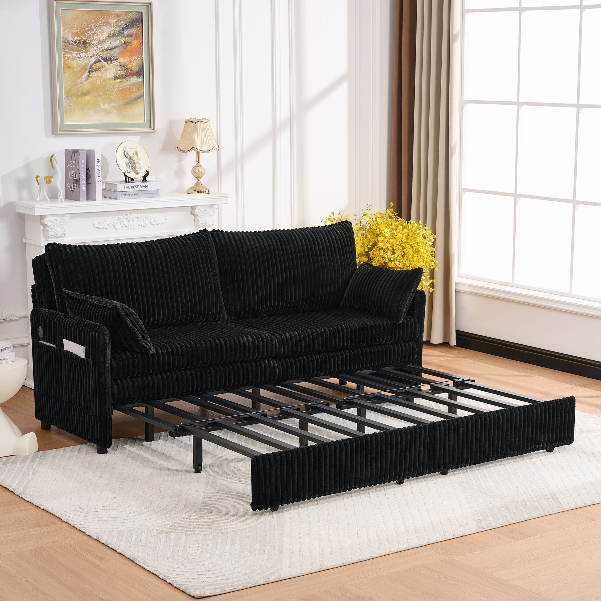 Full Size Black Sofa Bed with Storage & USB for Living Room