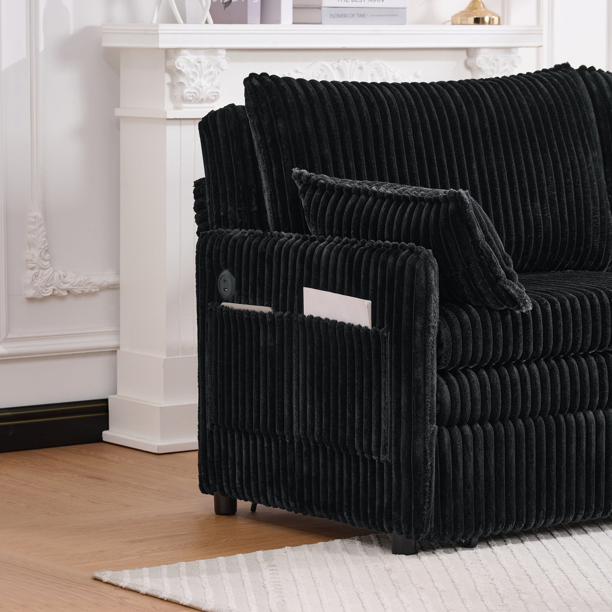 Full Size Black Sofa Bed with Storage & USB for Living Room