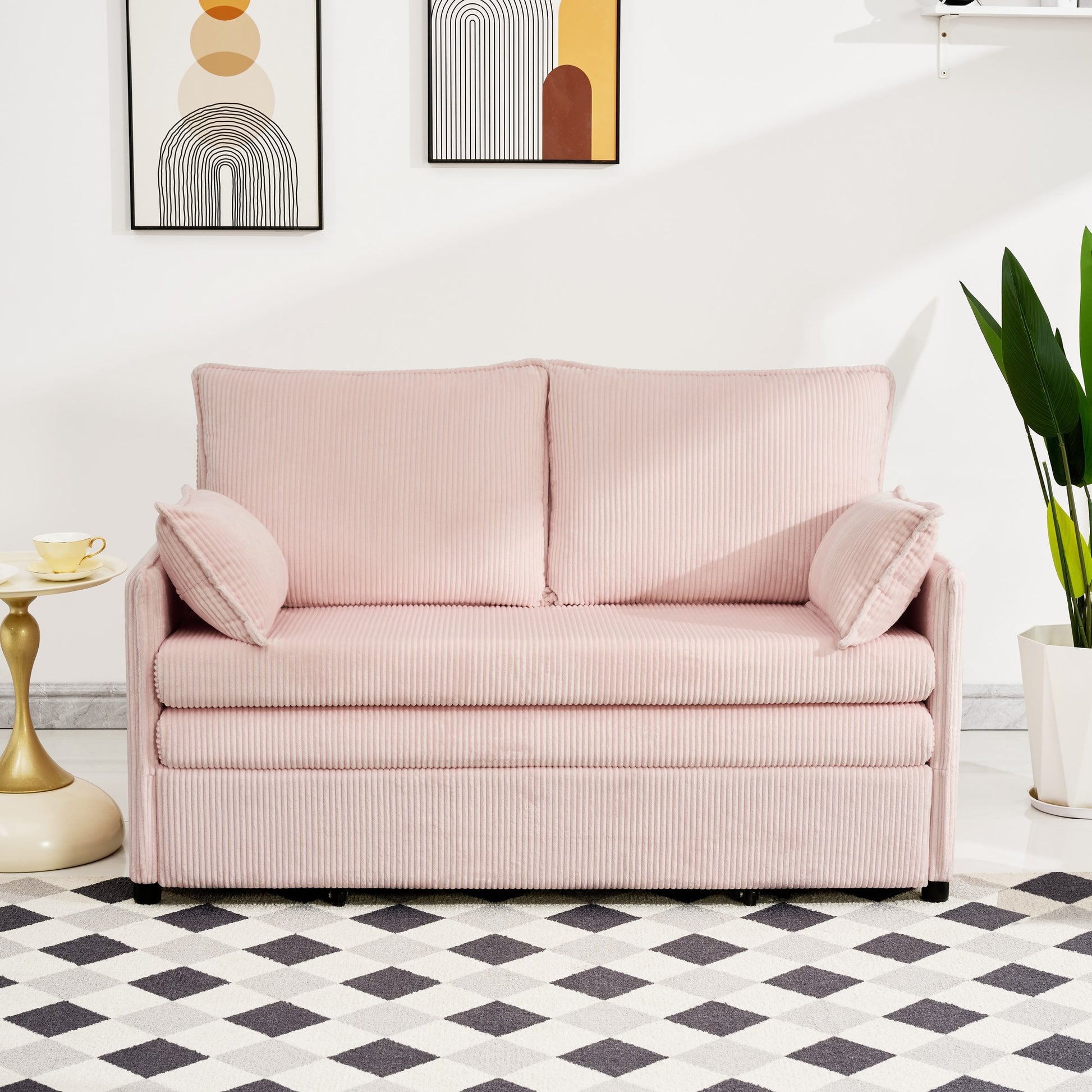 Pink Twin Sofa Bed with USB Ports - Modern Corduroy Couch for Living Room