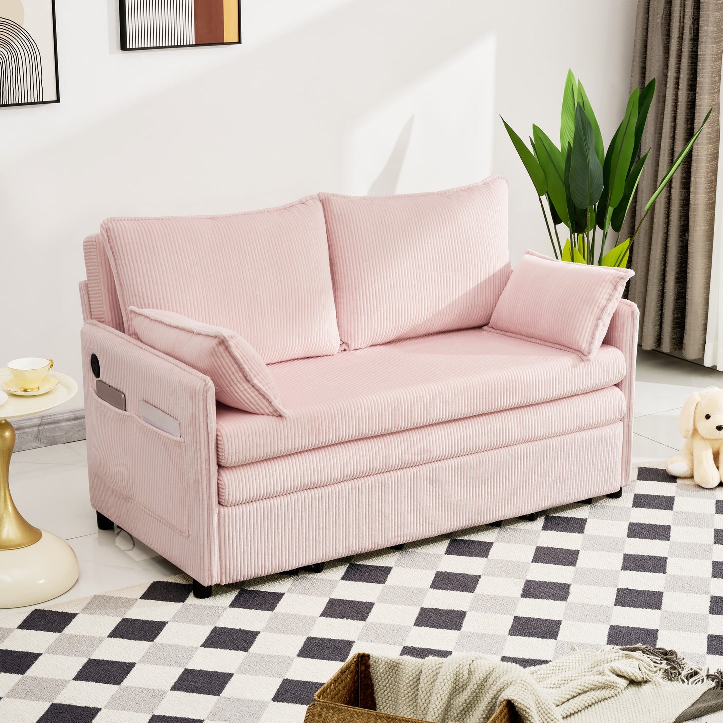 Pink Twin Sofa Bed with USB Ports - Modern Corduroy Couch for Living Room
