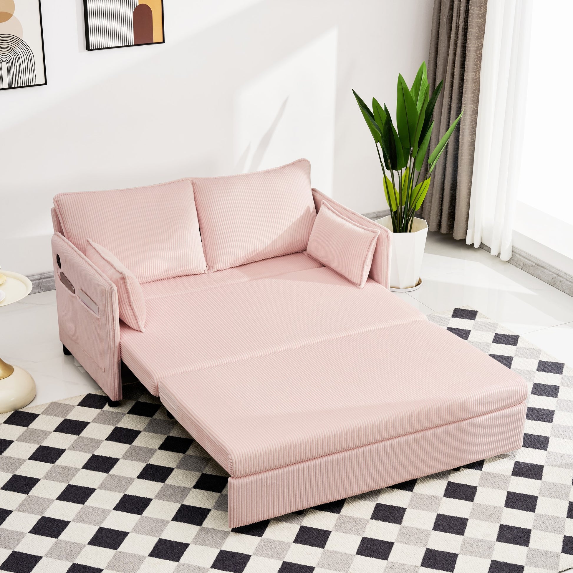 Pink Twin Sofa Bed with USB Ports - Modern Corduroy Couch for Living Room
