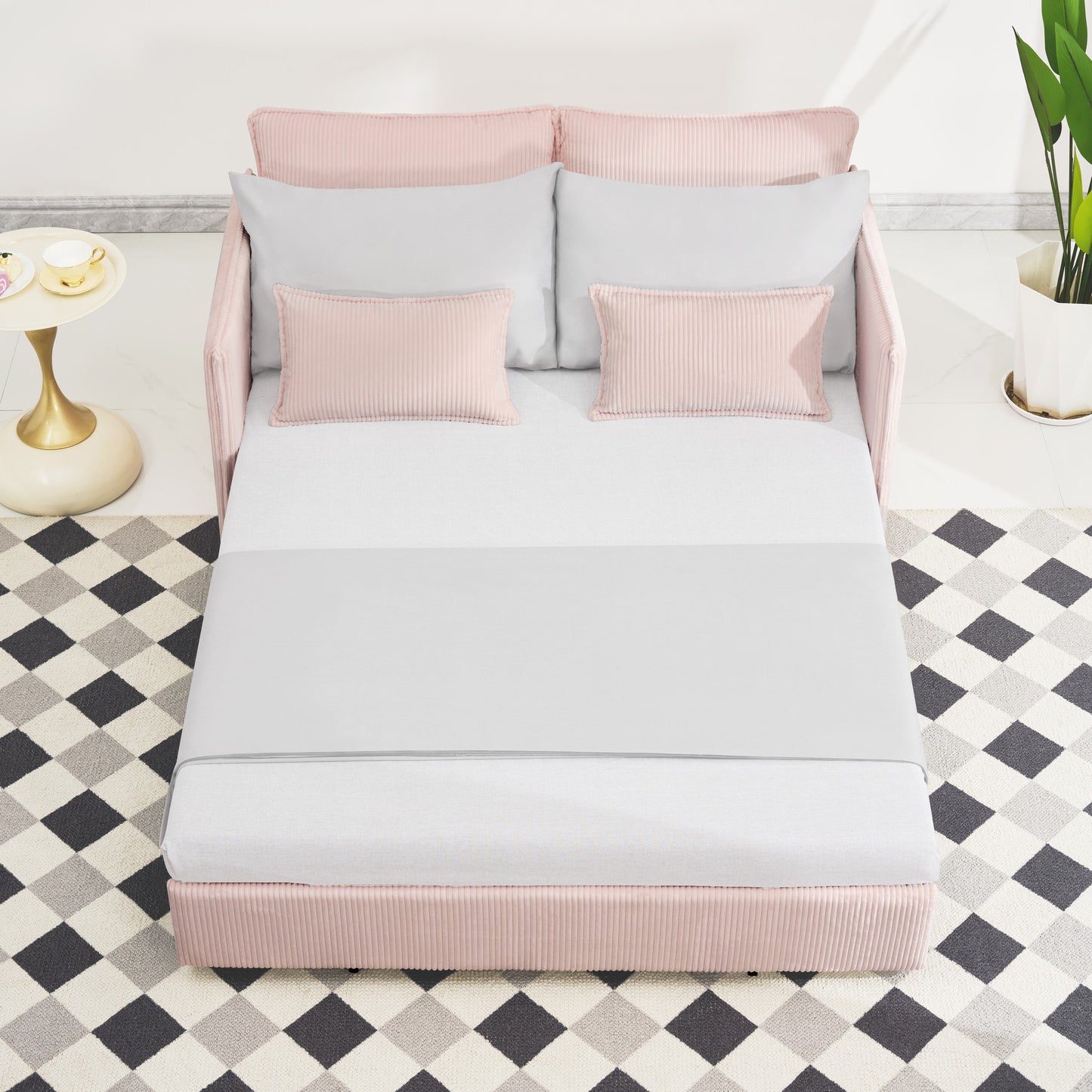 Pink Twin Sofa Bed with USB Ports - Modern Corduroy Couch for Living Room