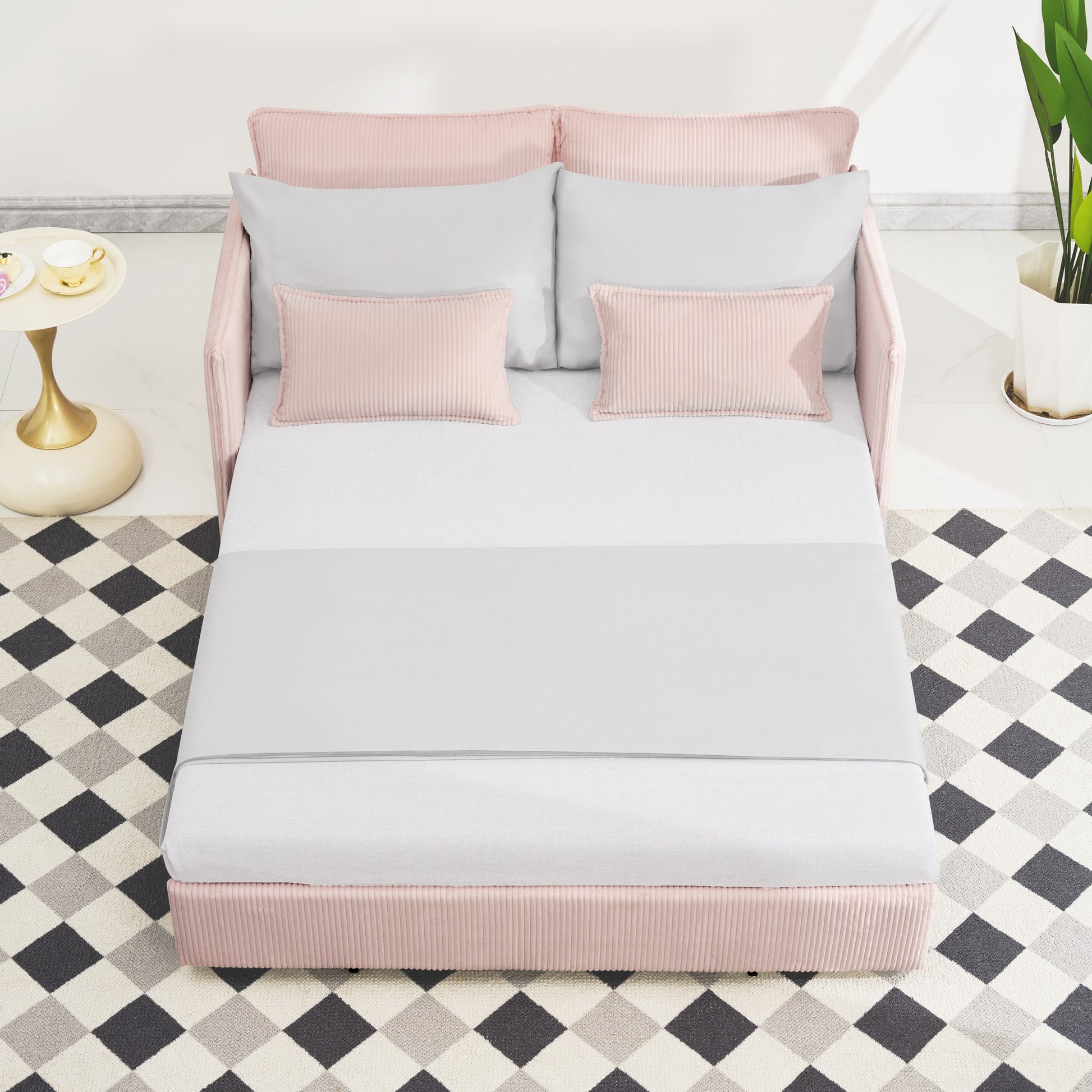 Pink Twin Sofa Bed with USB Ports - Modern Corduroy Couch for Living Room