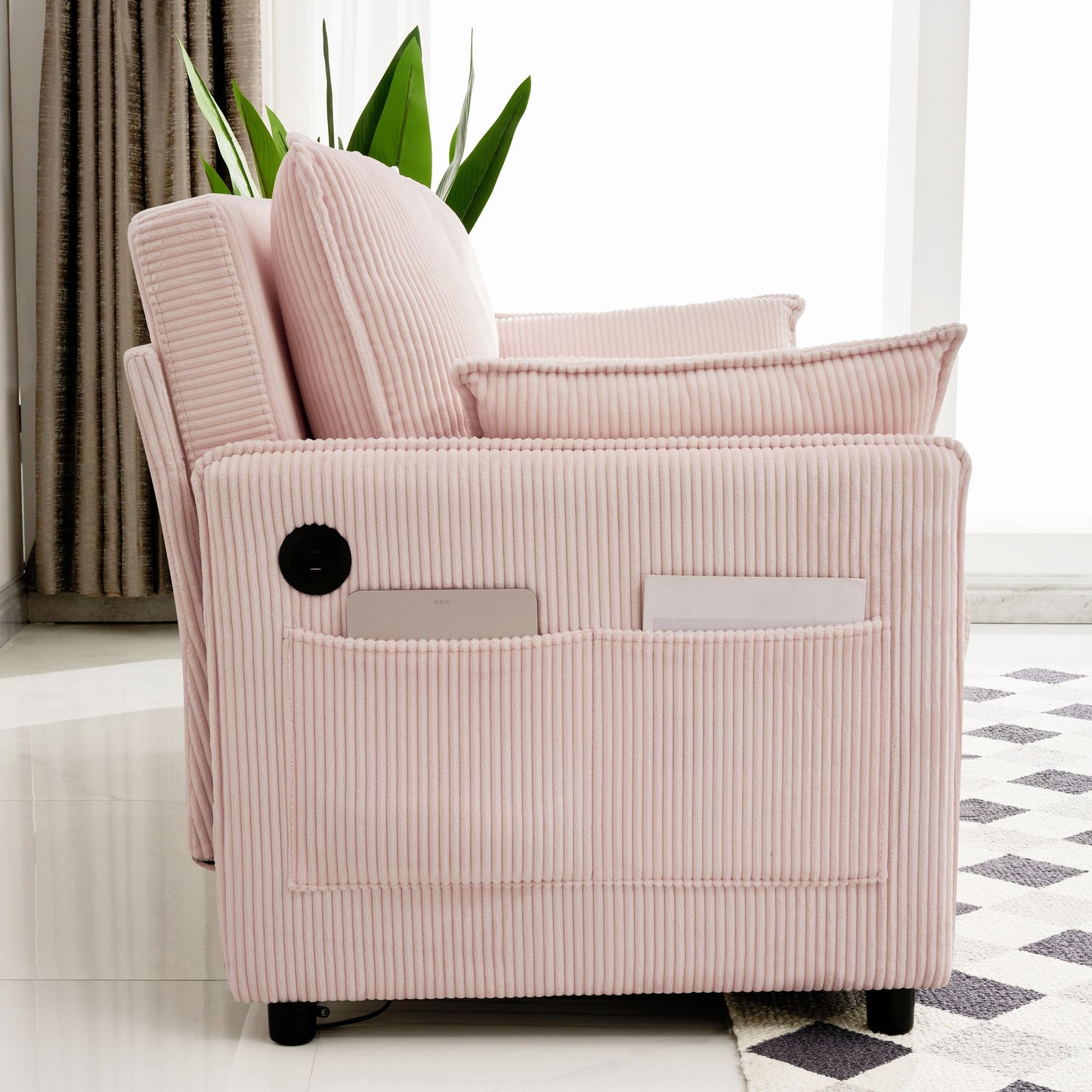 Pink Twin Sofa Bed with USB Ports - Modern Corduroy Couch for Living Room