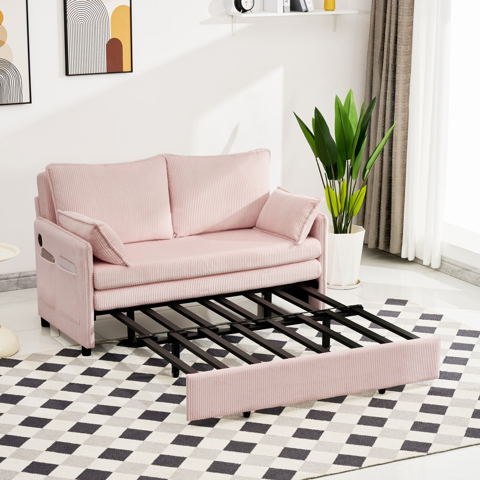 Pink Twin Sofa Bed with USB Ports - Modern Corduroy Couch for Living Room