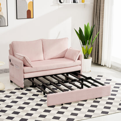 Pink Twin Sofa Bed with USB Ports - Modern Corduroy Couch for Living Room