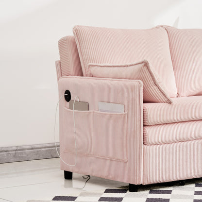 Pink Twin Sofa Bed with USB Ports - Modern Corduroy Couch for Living Room