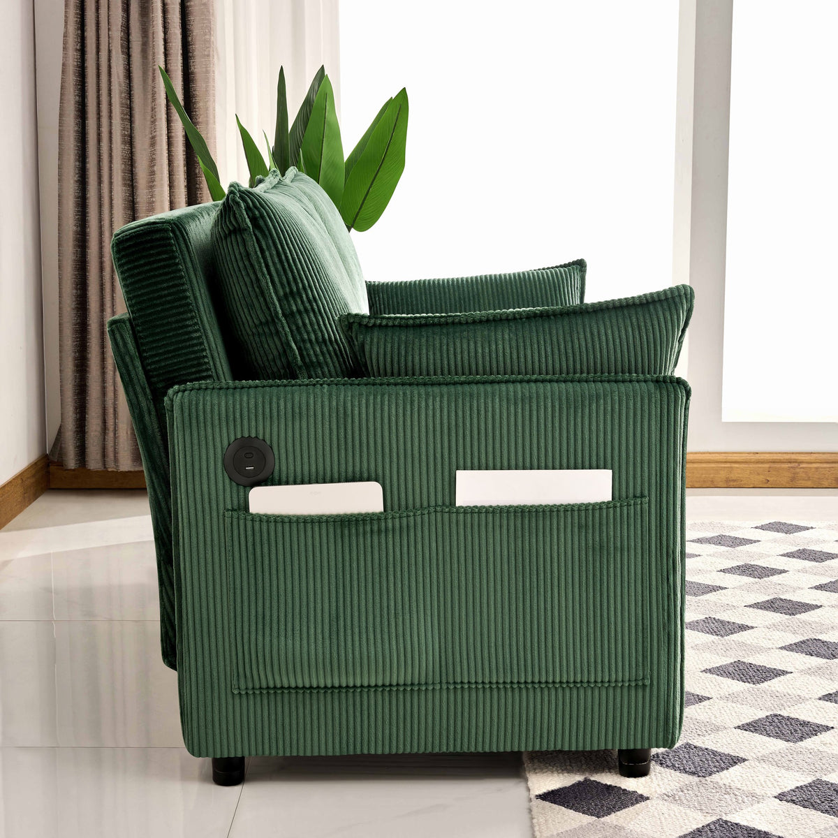 Green Corduroy Sofa Bed with USB Storage for Modern Living for Living Room