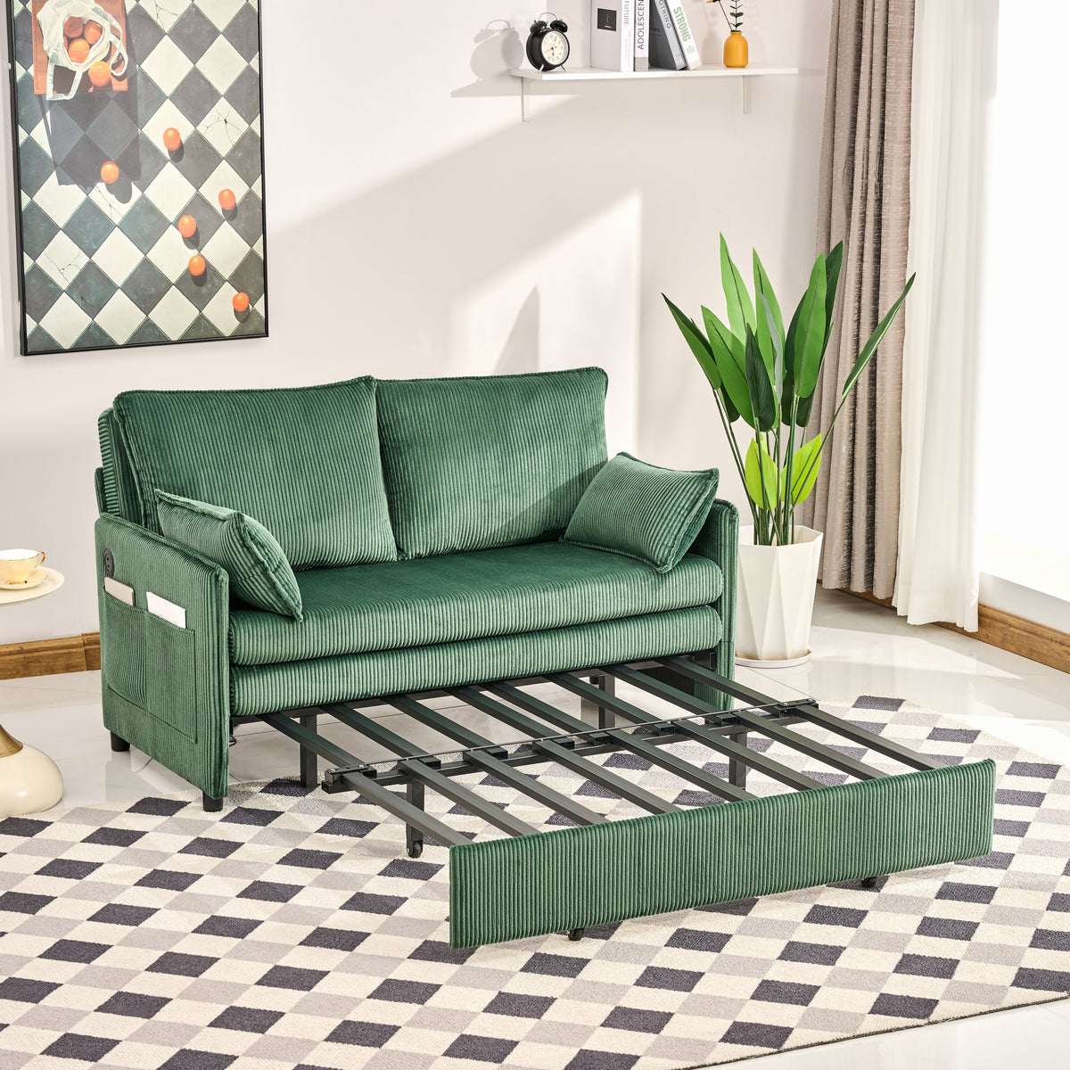 Green Corduroy Sofa Bed with USB Storage for Modern Living for Living Room