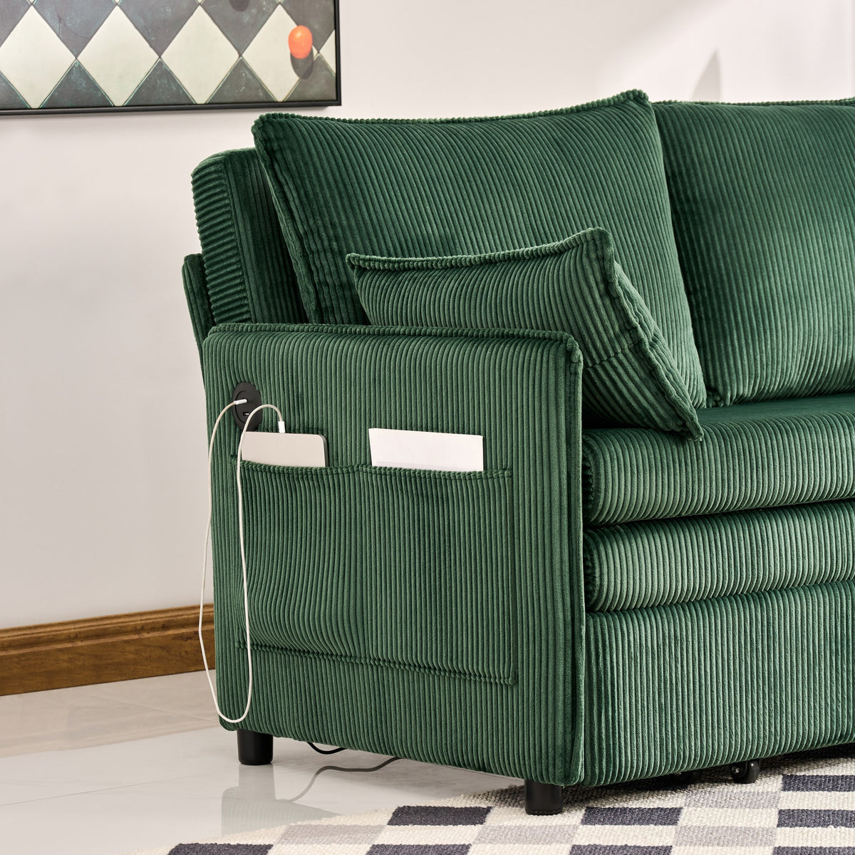 Green Corduroy Sofa Bed with USB Storage for Modern Living for Living Room