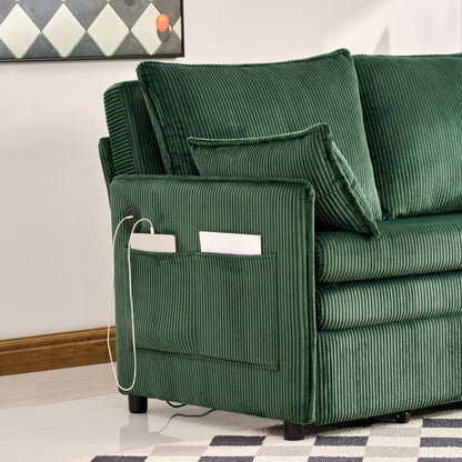 Green Corduroy Sofa Bed with USB Storage for Modern Living for Living Room
