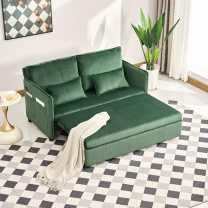55"Convertible Sofa Bed,Pull Out Bed,3-in-1 Sofa with Side Pocket& USB Ports,Modern Corduroy Couch for Living Room, Small Space, Apartment, Bedroom, Green