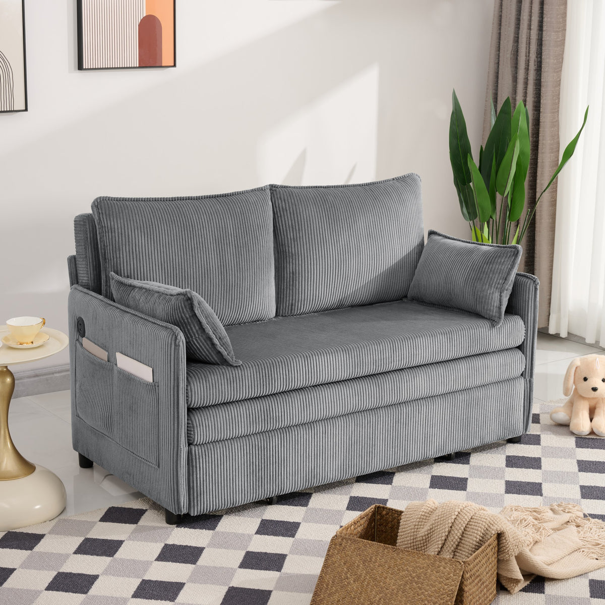 Modern Grey Twin Sofa Bed with Storage and USB Ports for Living Room
