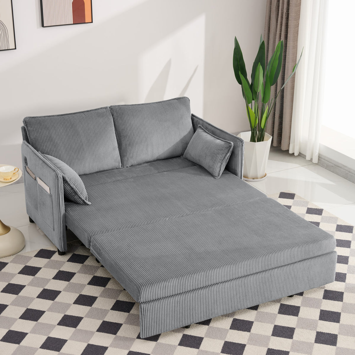 Modern Grey Twin Sofa Bed with Storage and USB Ports for Living Room