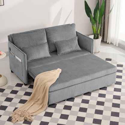 55"Convertible Sofa Bed,Pull Out Bed,3-in-1 Sofa with Side Pocket& USB Ports,Modern Corduroy Couch for Living Room, Small Space, Apartment, Bedroom, Grey