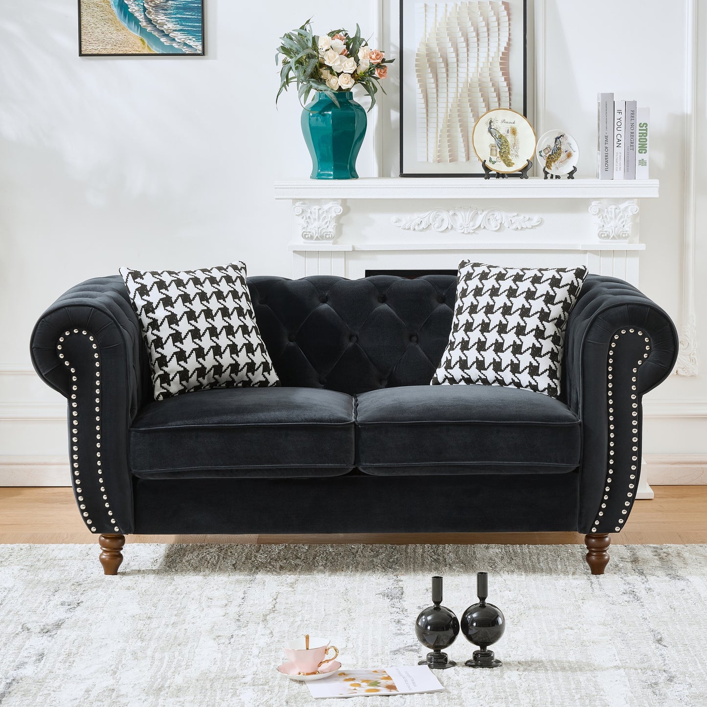 67"Chesterfield ‌velvet upholstery fabric Sofa with Roll Armrest & Nailhead,Upholstered Mid Century Modern Couch,2 Seater Couch for Living Room, Office, Apartment, Black