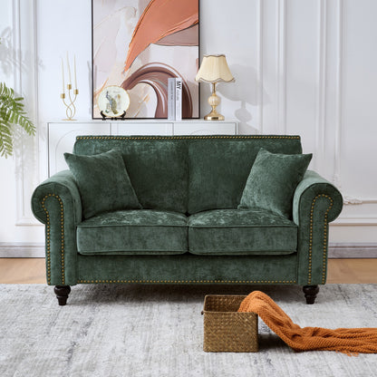 63" Modern 2-Seater Sofa with Rolled Arms,Chenille Upholstered Couch with Wood Legs and Nailhead Trim for Living Room, Apartment,Green