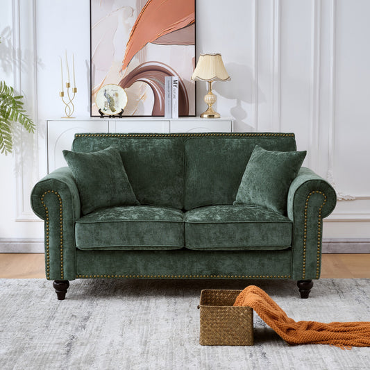 63" Modern 2-Seater Sofa with Rolled Arms,Chenille Upholstered Couch with Wood Legs and Nailhead Trim for Living Room, Apartment,Green