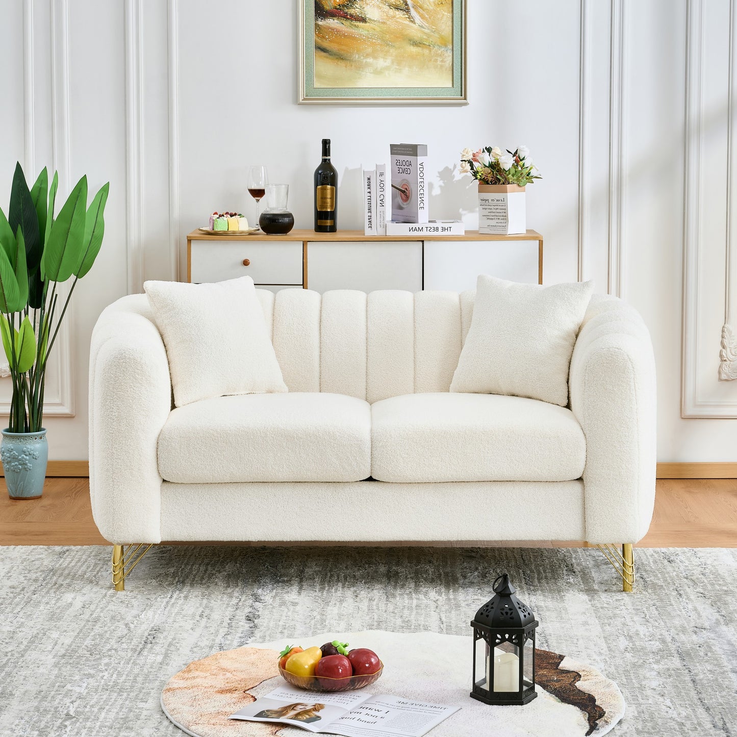 61" Chenille Loveseat Sofa,Luxury 2 Seater Deep Couch,Modern Tufted Couch, Gold Metal Legs Sofa for Living Room, Bedroom, Apartment (White)