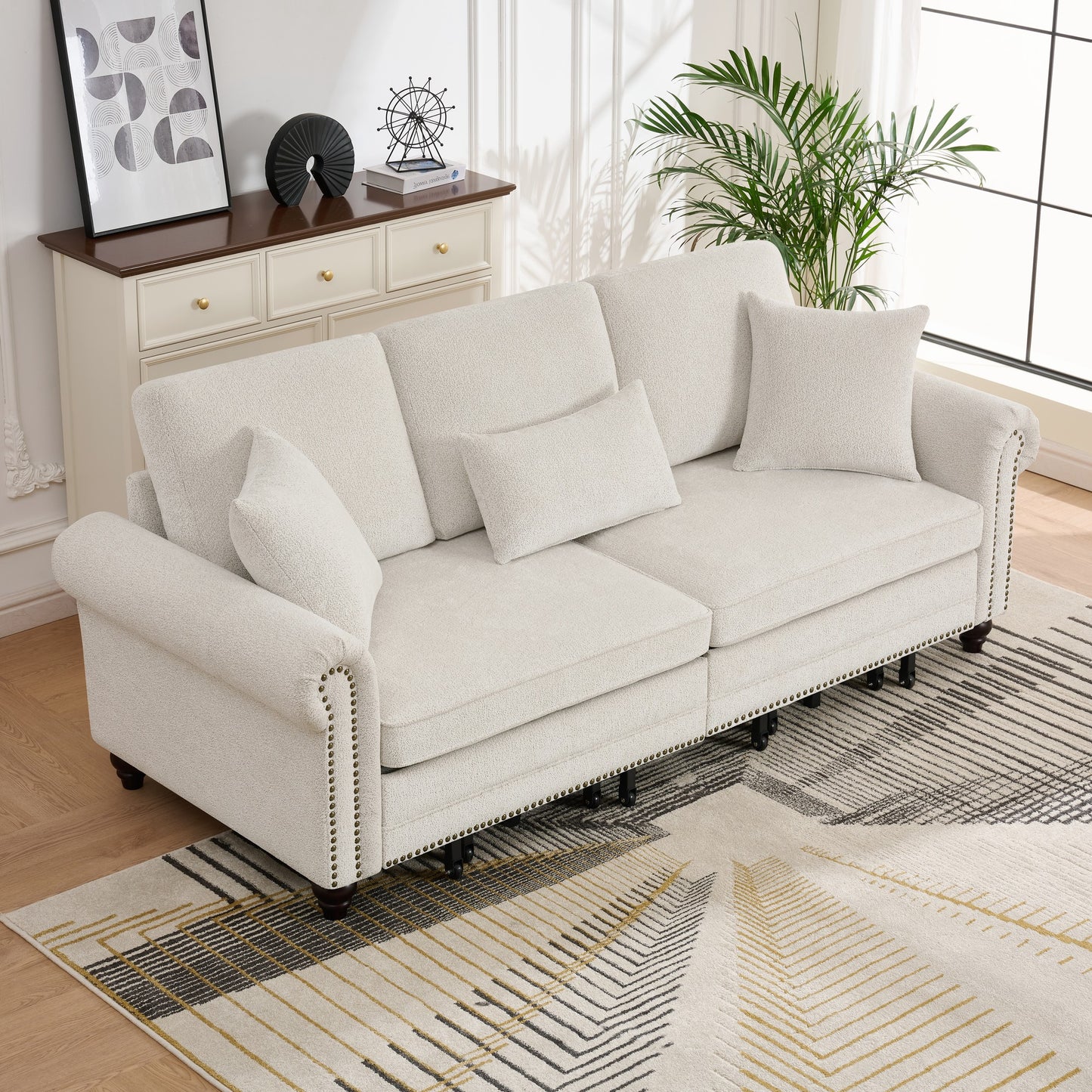 Living Room 86" King Pull Out Sofa Bed - Beige Chenille Sleeper, 3-in-1 Convertible