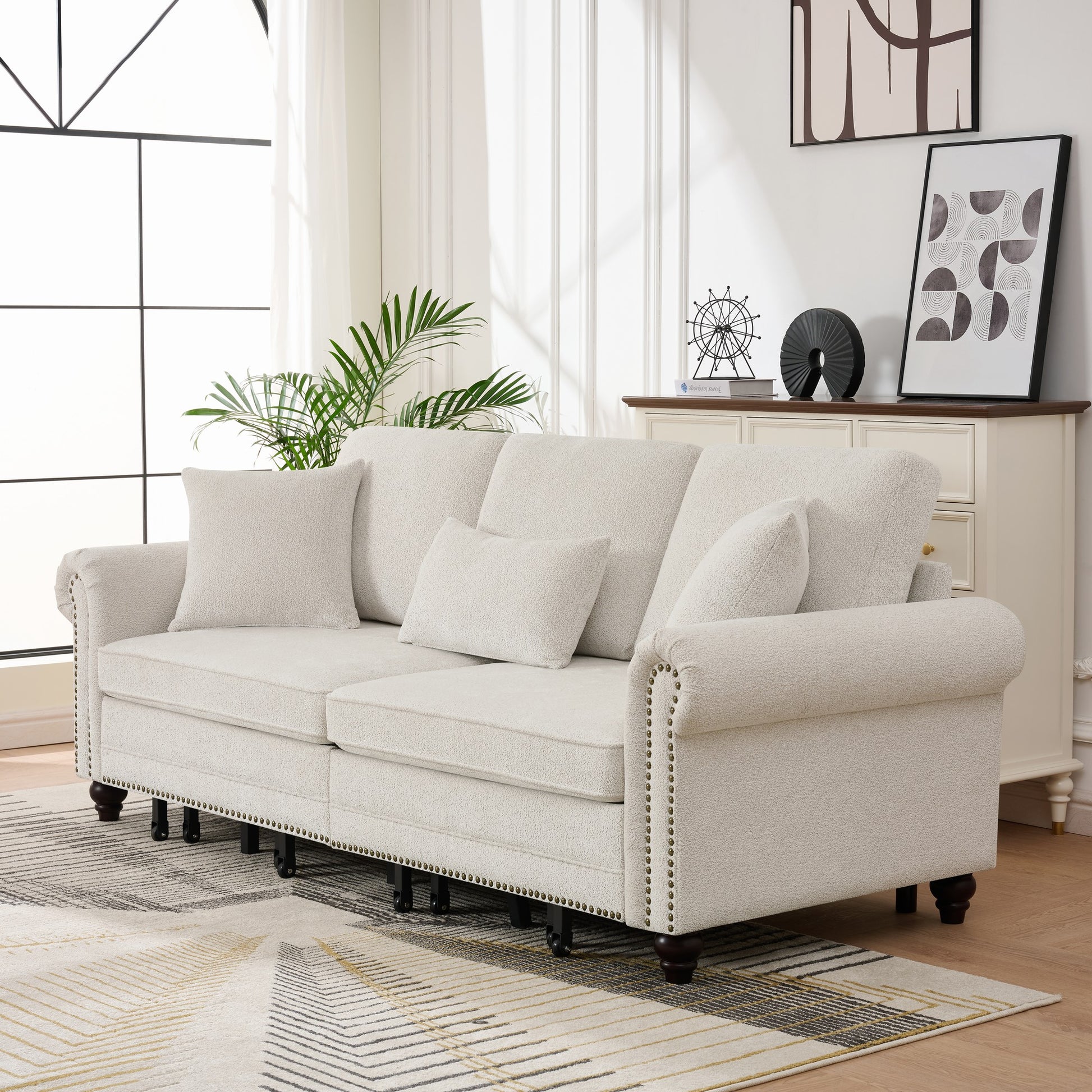 Living Room 86" King Pull Out Sofa Bed - Beige Chenille Sleeper, 3-in-1 Convertible