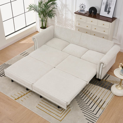 Living Room 86" King Pull Out Sofa Bed - Beige Chenille Sleeper, 3-in-1 Convertible