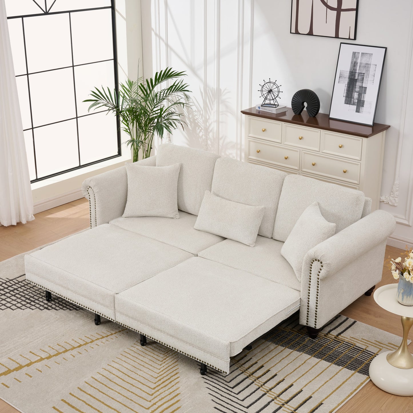 Living Room 86" King Pull Out Sofa Bed - Beige Chenille Sleeper, 3-in-1 Convertible