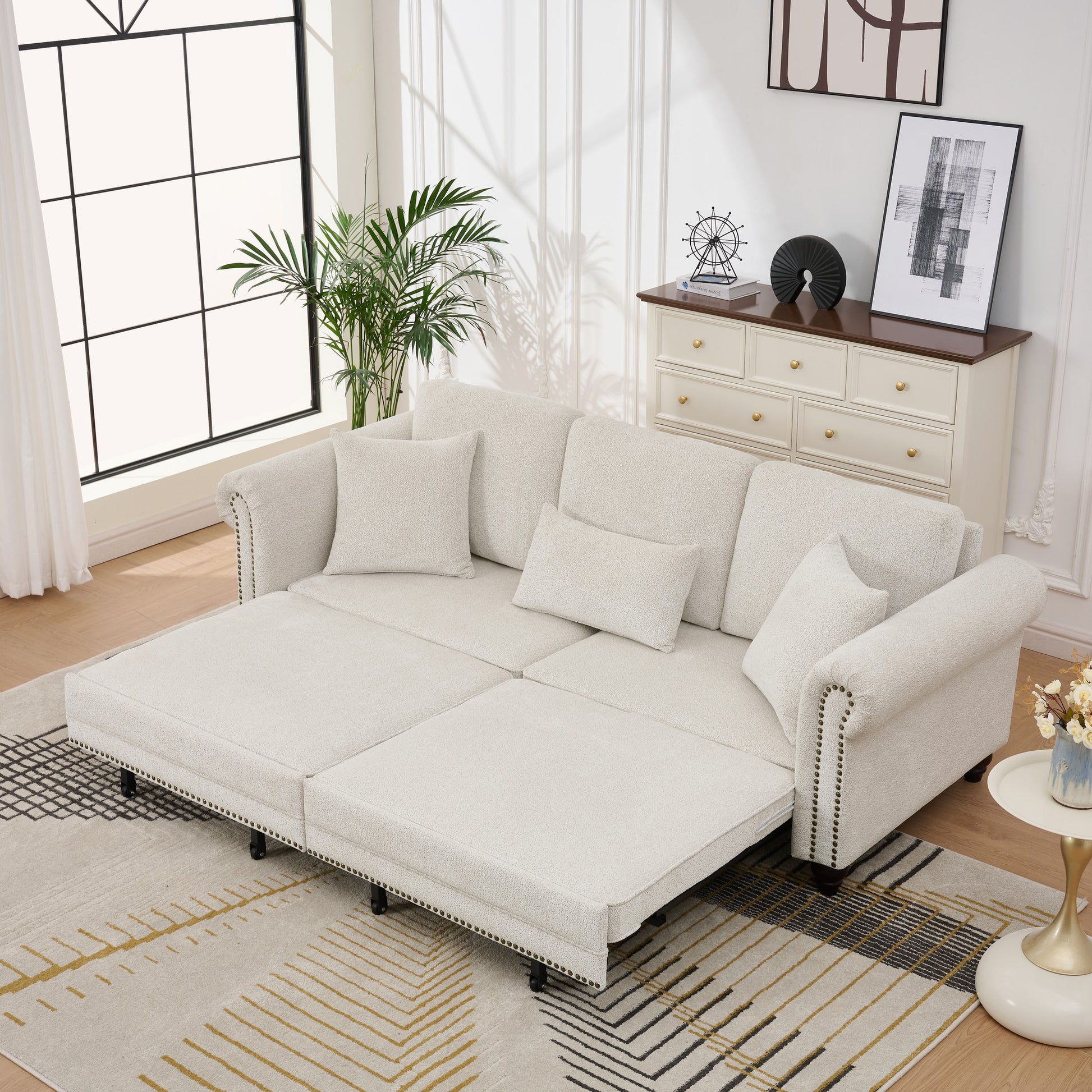 Living Room 86" King Pull Out Sofa Bed - Beige Chenille Sleeper, 3-in-1 Convertible