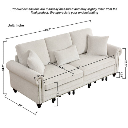Living Room 86" King Pull Out Sofa Bed - Beige Chenille Sleeper, 3-in-1 Convertible