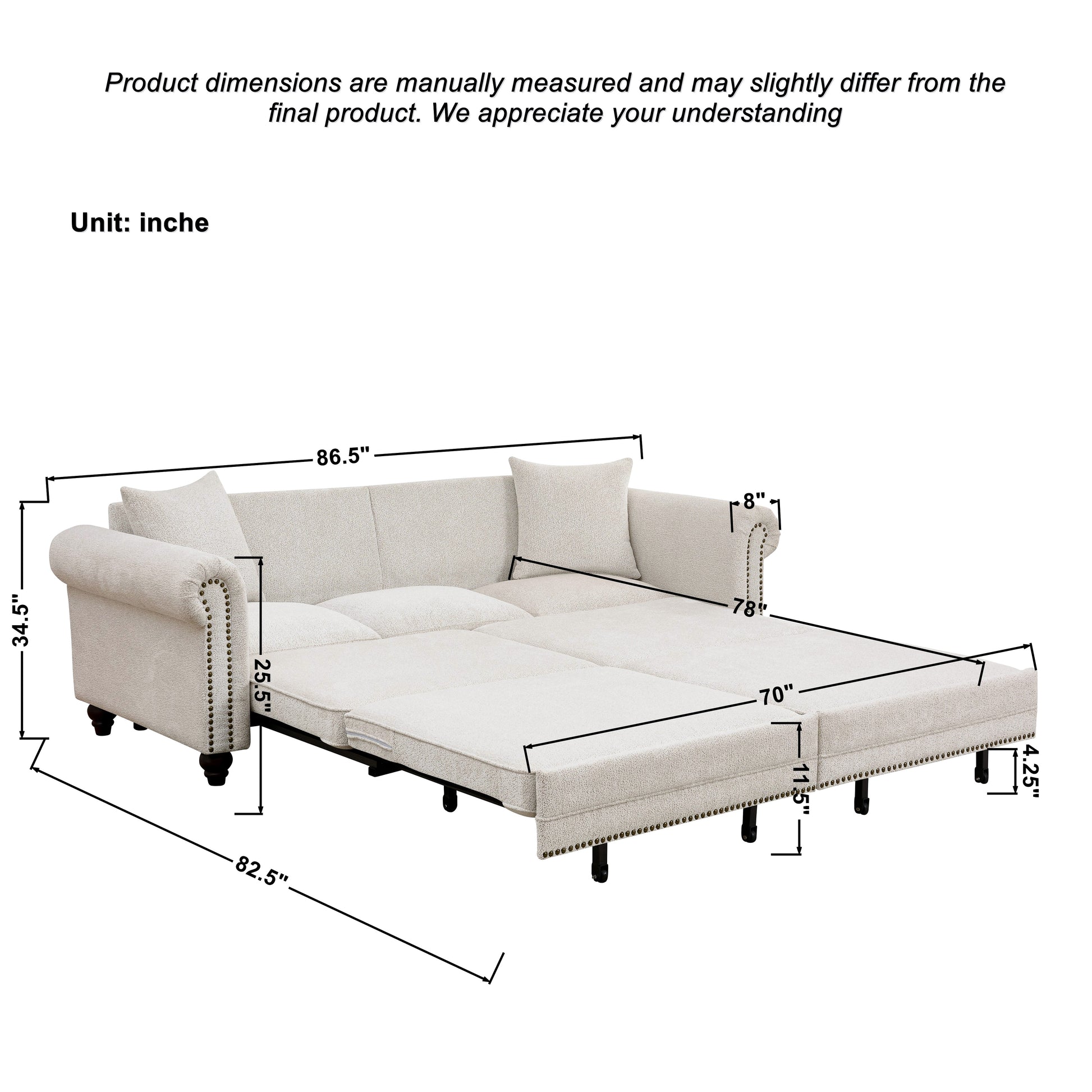 Living Room 86" King Pull Out Sofa Bed - Beige Chenille Sleeper, 3-in-1 Convertible