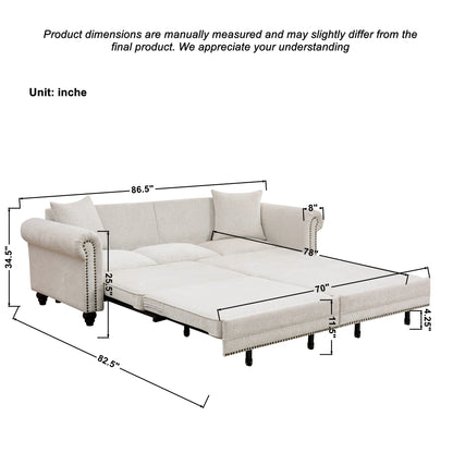 Living Room 86" King Pull Out Sofa Bed - Beige Chenille Sleeper, 3-in-1 Convertible