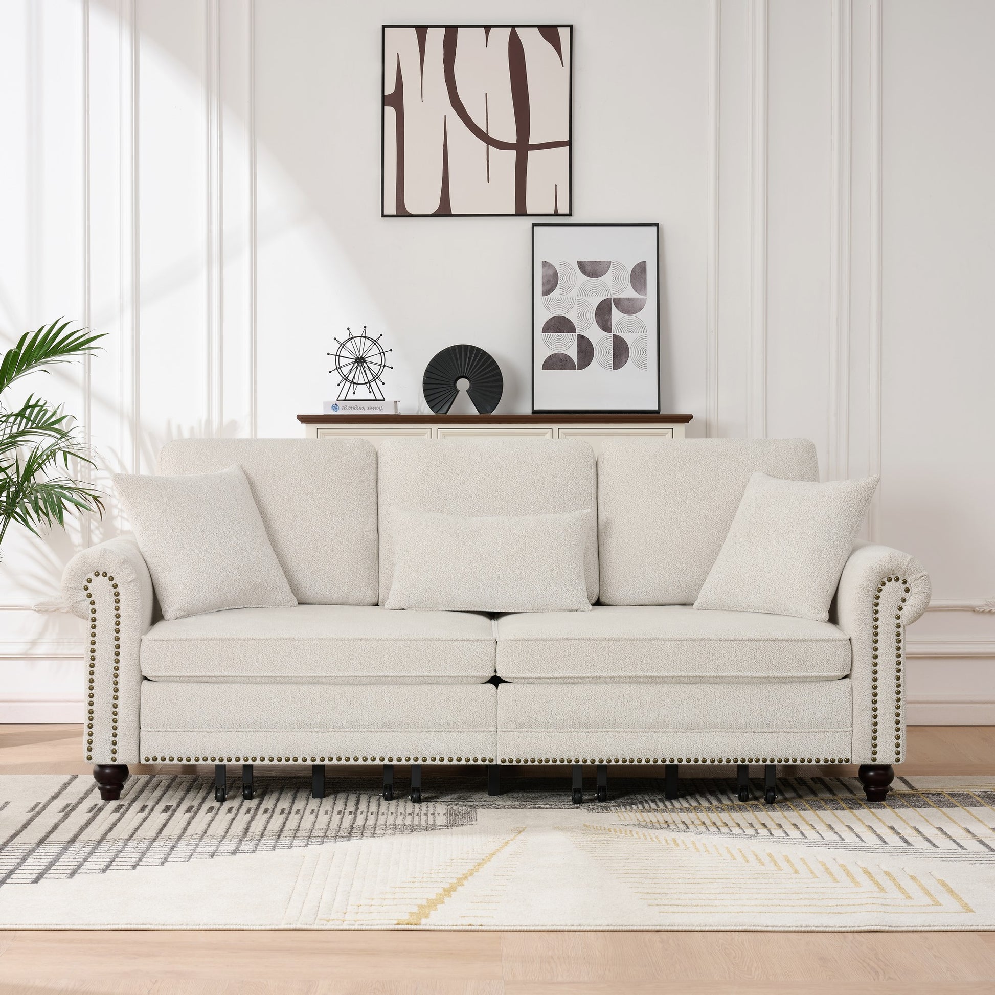 86" King Pull Out Sofa Bed, 3 in 1 Convertible Sleeper Sofa,Modern 3 Seat Couch with Nailhead Trim & Rolled Arm for Living Room, Apartment, Office, Beige Chenille