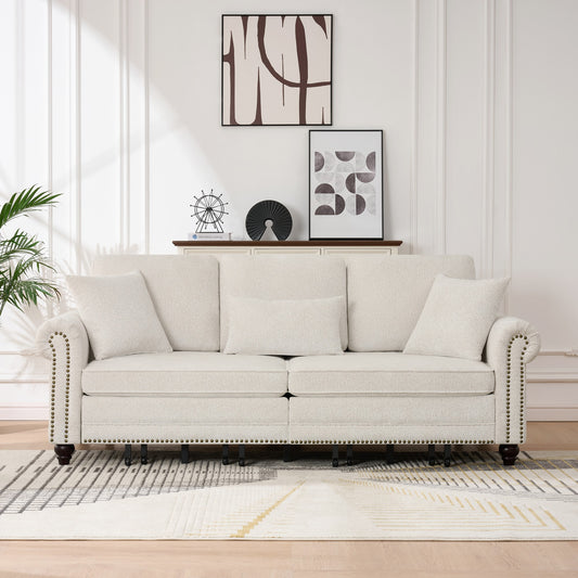 86" King Pull Out Sofa Bed, 3 in 1 Convertible Sleeper Sofa,Modern 3 Seat Couch with Nailhead Trim & Rolled Arm for Living Room, Apartment, Office, Beige Chenille