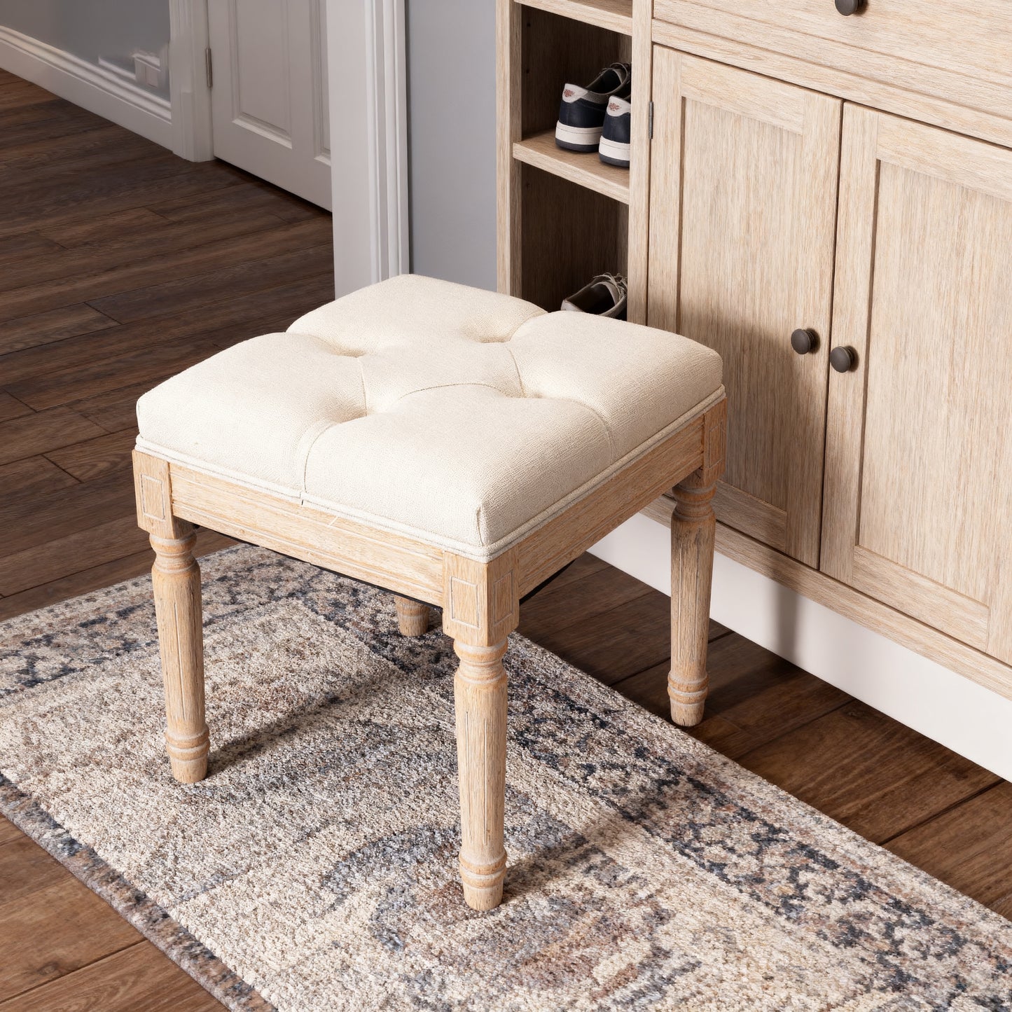 Small Padded Bench, Square Upholstered Rustic Ottoman Bench, Vanity Stools for Bedroom, 15.75" x 15.75" x 15.75" Beige