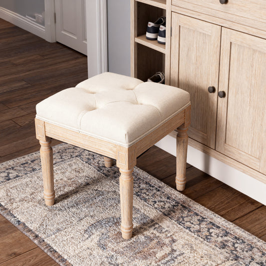 Small Padded Bench, Square Upholstered Rustic Ottoman Bench, Vanity Stools for Bedroom, 15.75" x 15.75" x 15.75" Beige