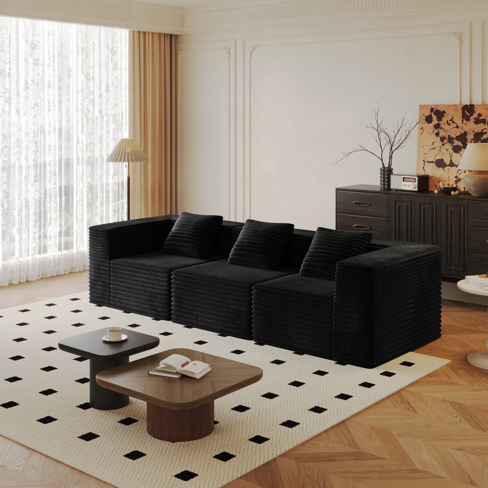 Black Corduroy Modular Sectional Sofa - 3 Seat for Living Room