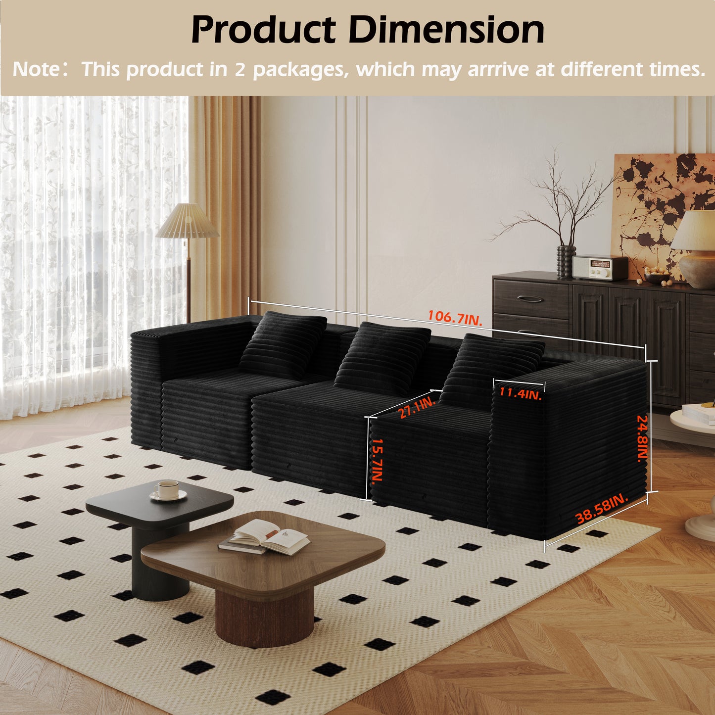 Black Corduroy Modular Sectional Sofa - 3 Seat for Living Room