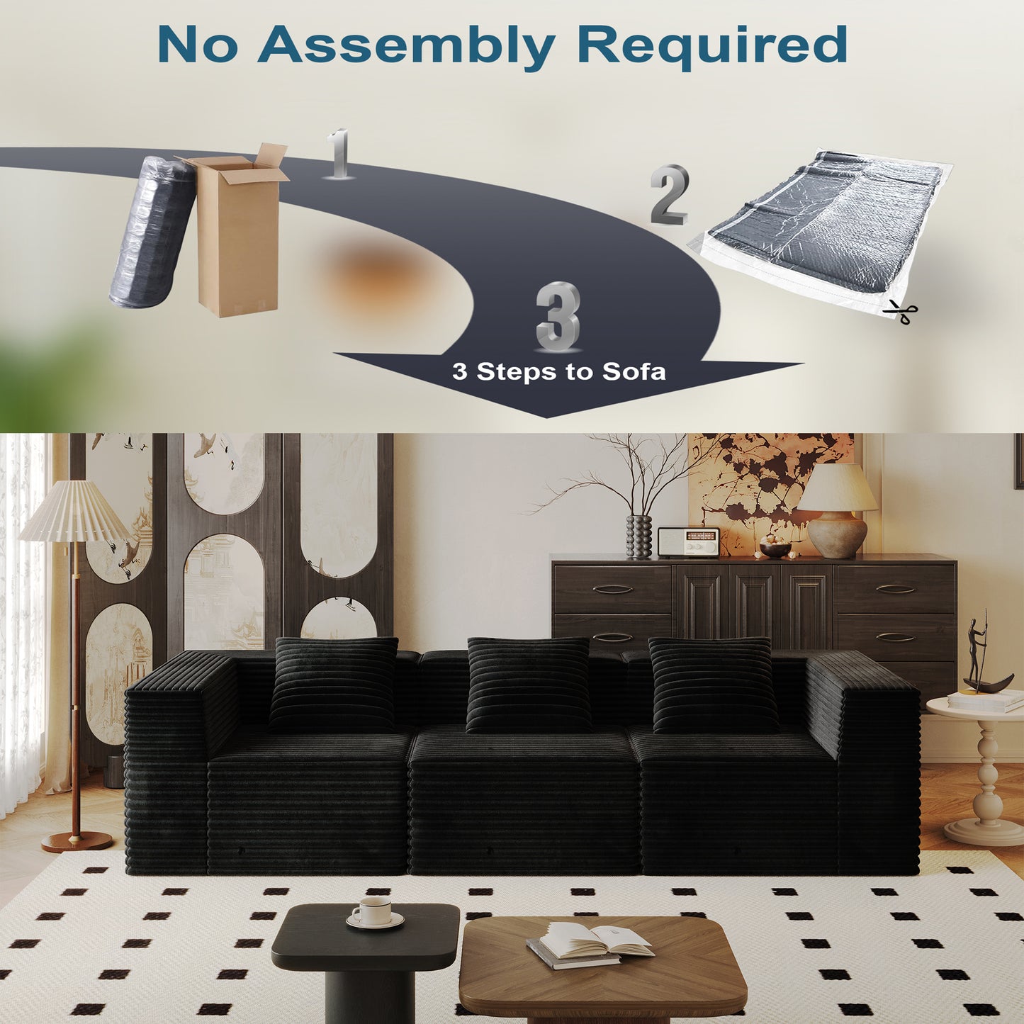 Black Corduroy Modular Sectional Sofa - 3 Seat for Living Room