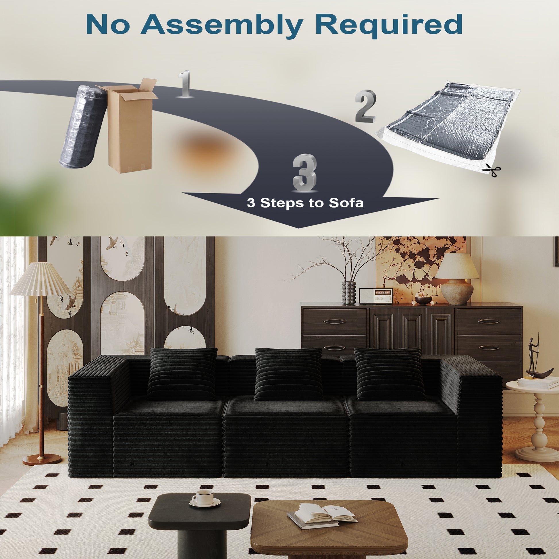 Black Corduroy Modular Sectional Sofa - 3 Seat for Living Room