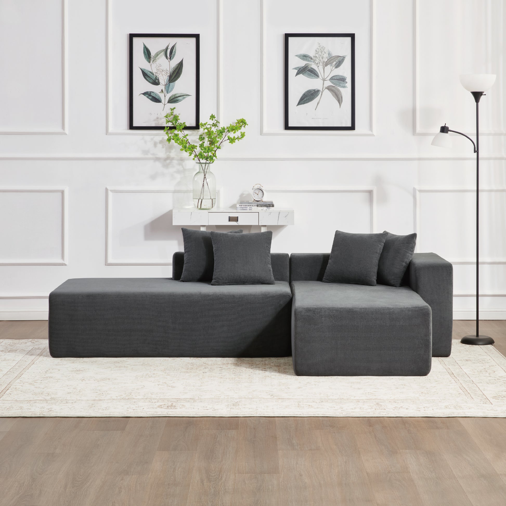 101-inch L-shaped modular sofa with deep seat design, no assembly required, high-density foam filling with high-carbon steel wrapped springs,-loung bed, suitable for living room, bedroom, apartment.
