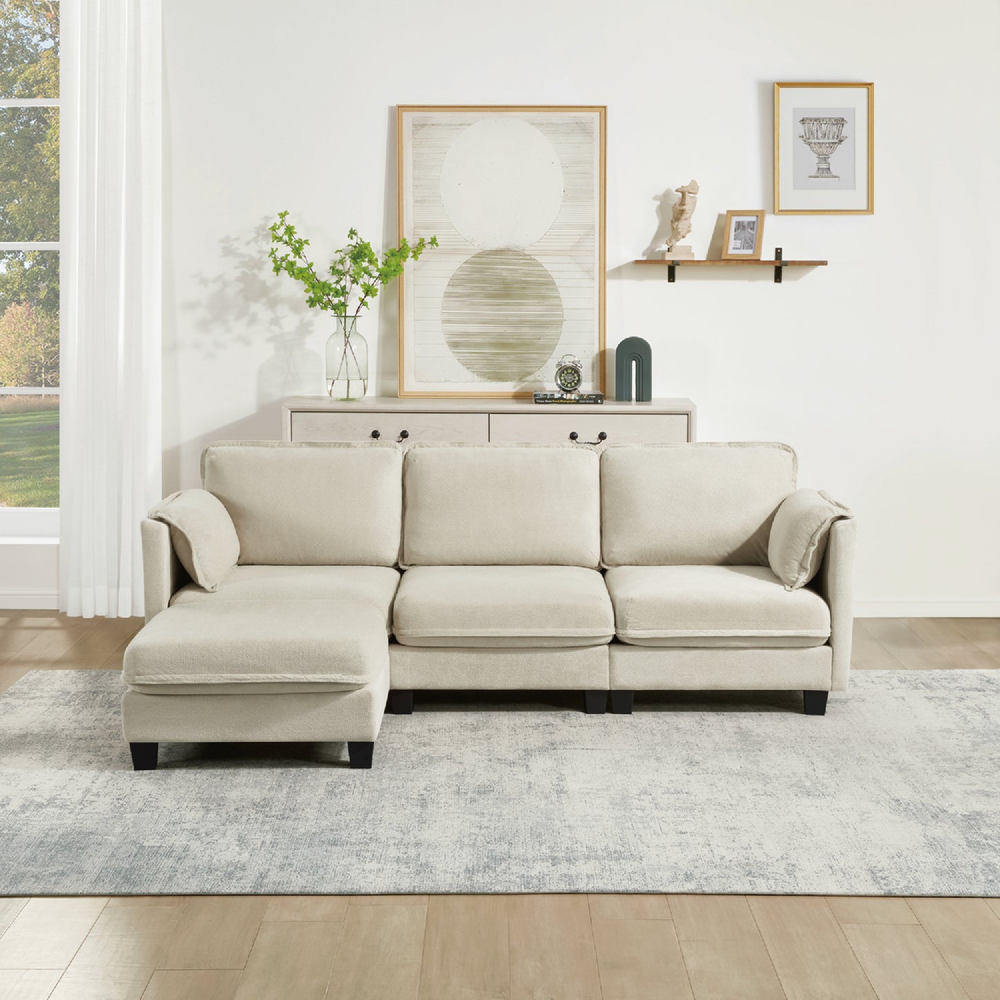 93-inch L-shaped sofa with cotton-linen brushed fabric, detachable storage armrest cushion, 3-seater suitable for living room office and spacious