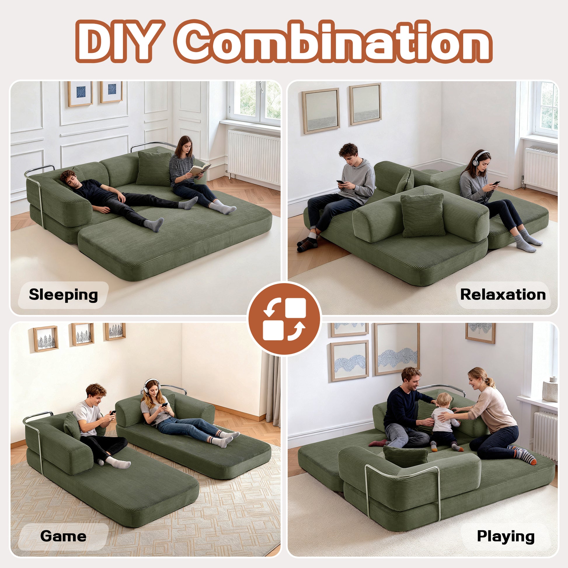 Antique Green Corduroy 1.5-in-1 Modular Loveseat Sofa Bed for Living Room