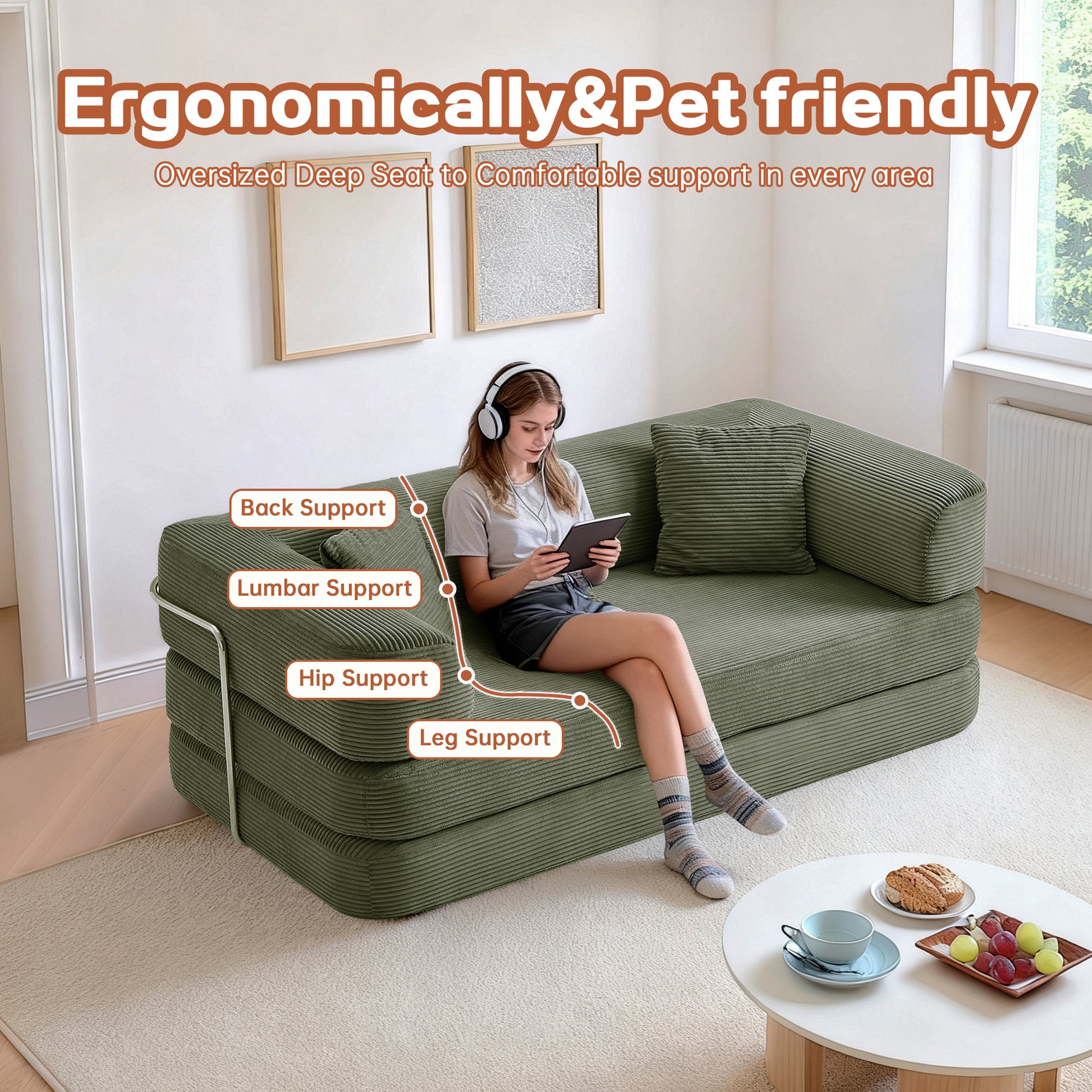 Antique Green Corduroy 1.5-in-1 Modular Loveseat Sofa Bed for Living Room