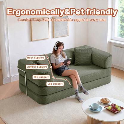Antique Green Corduroy 1.5-in-1 Modular Loveseat Sofa Bed for Living Room